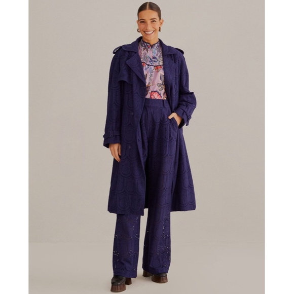 Farm Rio Pineapple Eyelet High Waist Wide Leg Pants Navy Blue Medium NWT - Picture 3 of 17